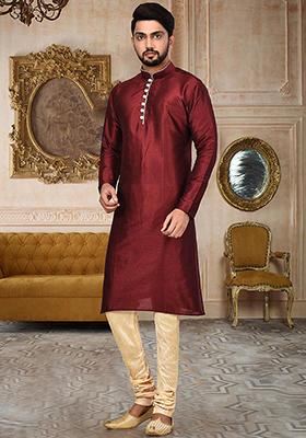 Mustard Solid Dupion Silk Kurta Pyjama Set For Men