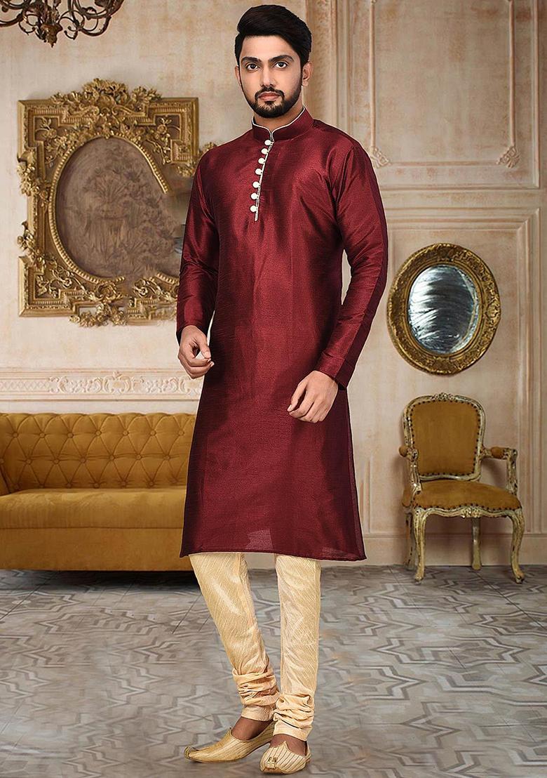 Mustard Solid Dupion Silk Kurta Pyjama Set For Men