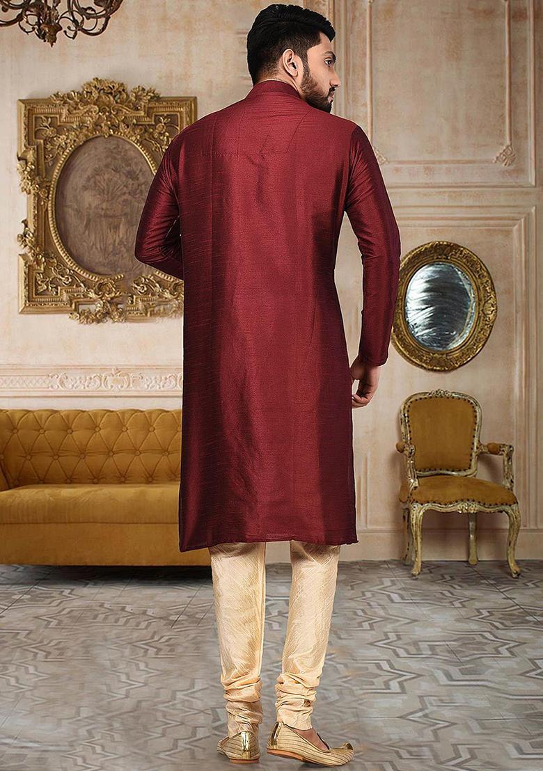Mustard Solid Dupion Silk Kurta Pyjama Set For Men