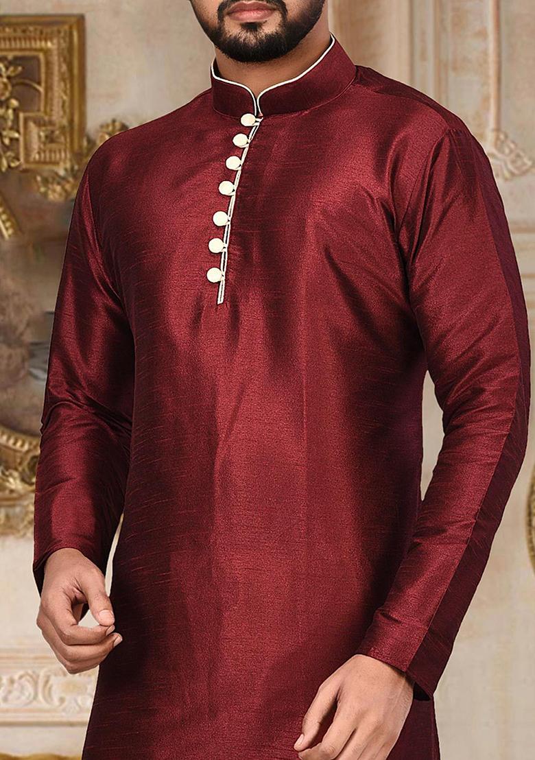 Mustard Solid Dupion Silk Kurta Pyjama Set For Men