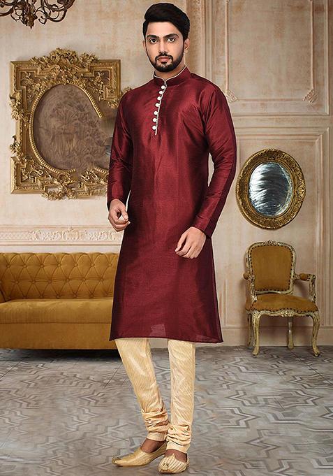 Mustard Solid Dupion Silk Kurta Pyjama Set For Men