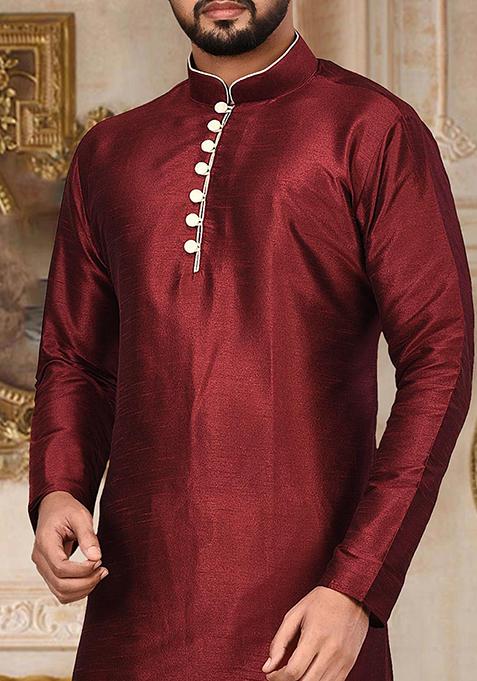 Mustard Solid Dupion Silk Kurta Pyjama Set For Men