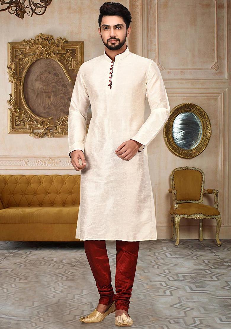 White Solid Dupion Silk Kurta Pyjama Set For Men