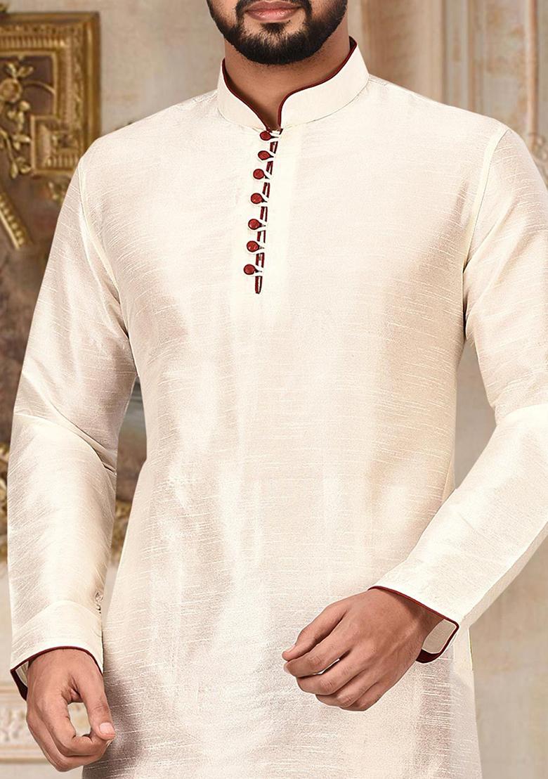 White Solid Dupion Silk Kurta Pyjama Set For Men