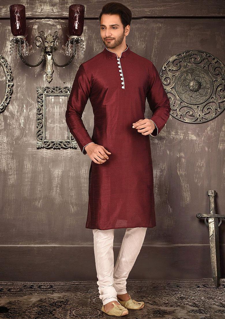 Maroon Solid Dupion Silk Kurta Pyjama Set For Men