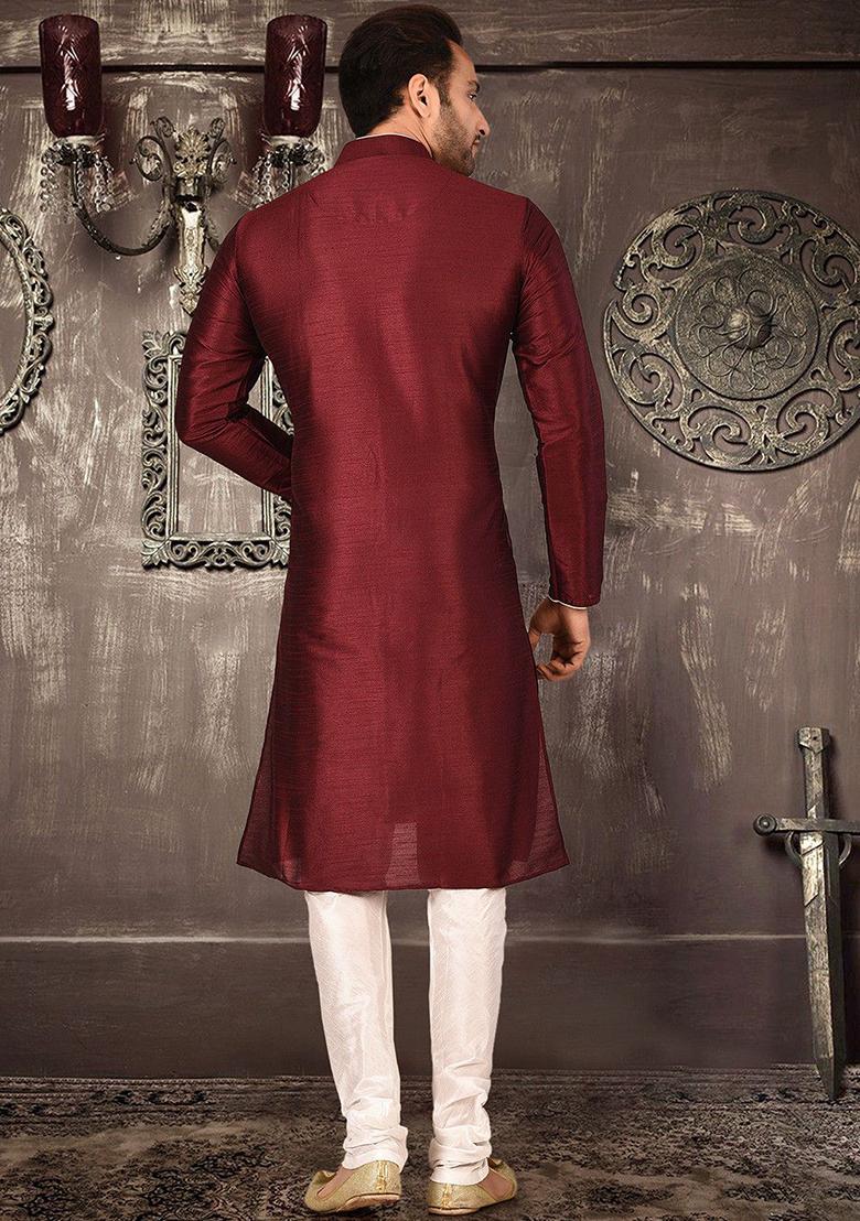 Maroon Solid Dupion Silk Kurta Pyjama Set For Men