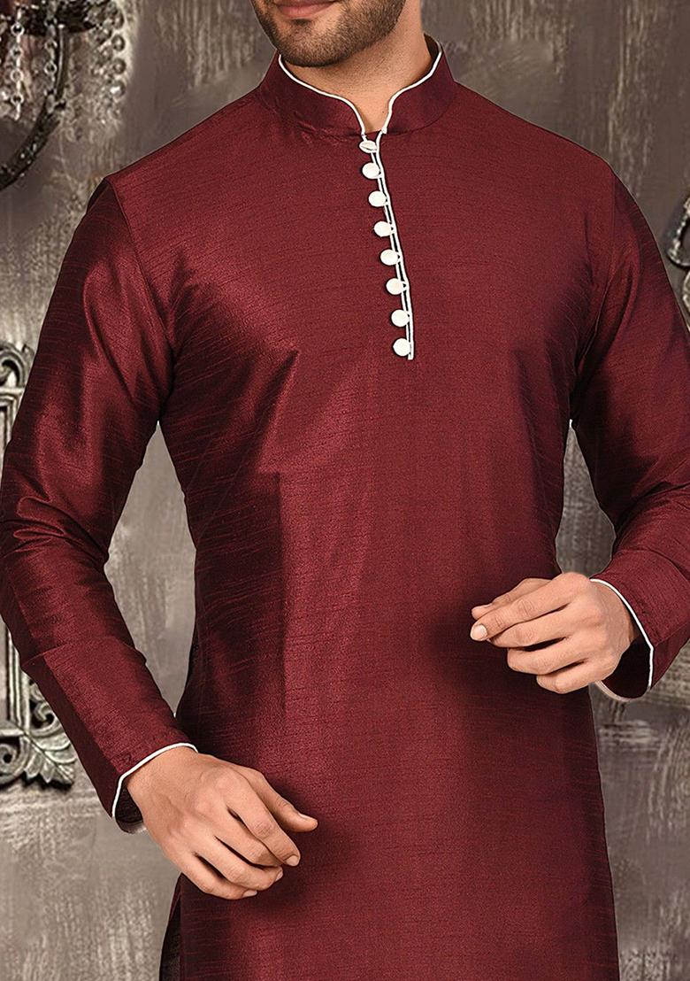 Maroon Solid Dupion Silk Kurta Pyjama Set For Men