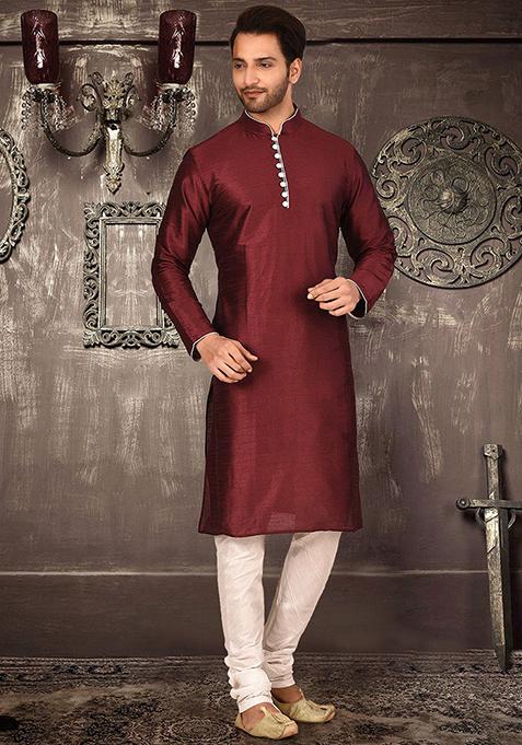 Maroon Solid Dupion Silk Kurta Pyjama Set For Men