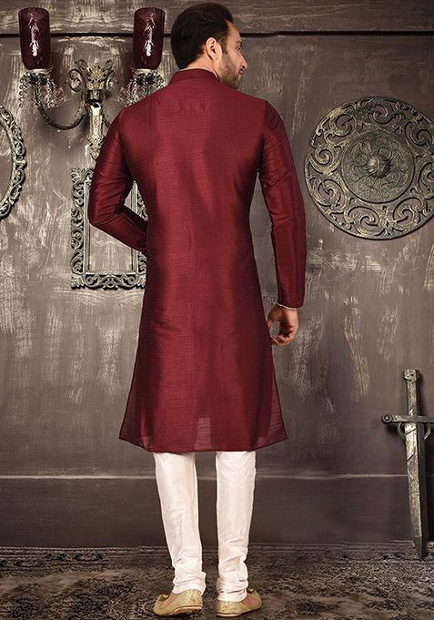 Maroon Solid Dupion Silk Kurta Pyjama Set For Men