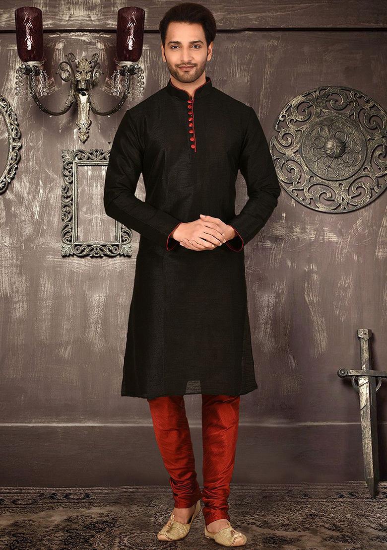 Black Solid Dupion Silk Kurta Pyjama Set For Men