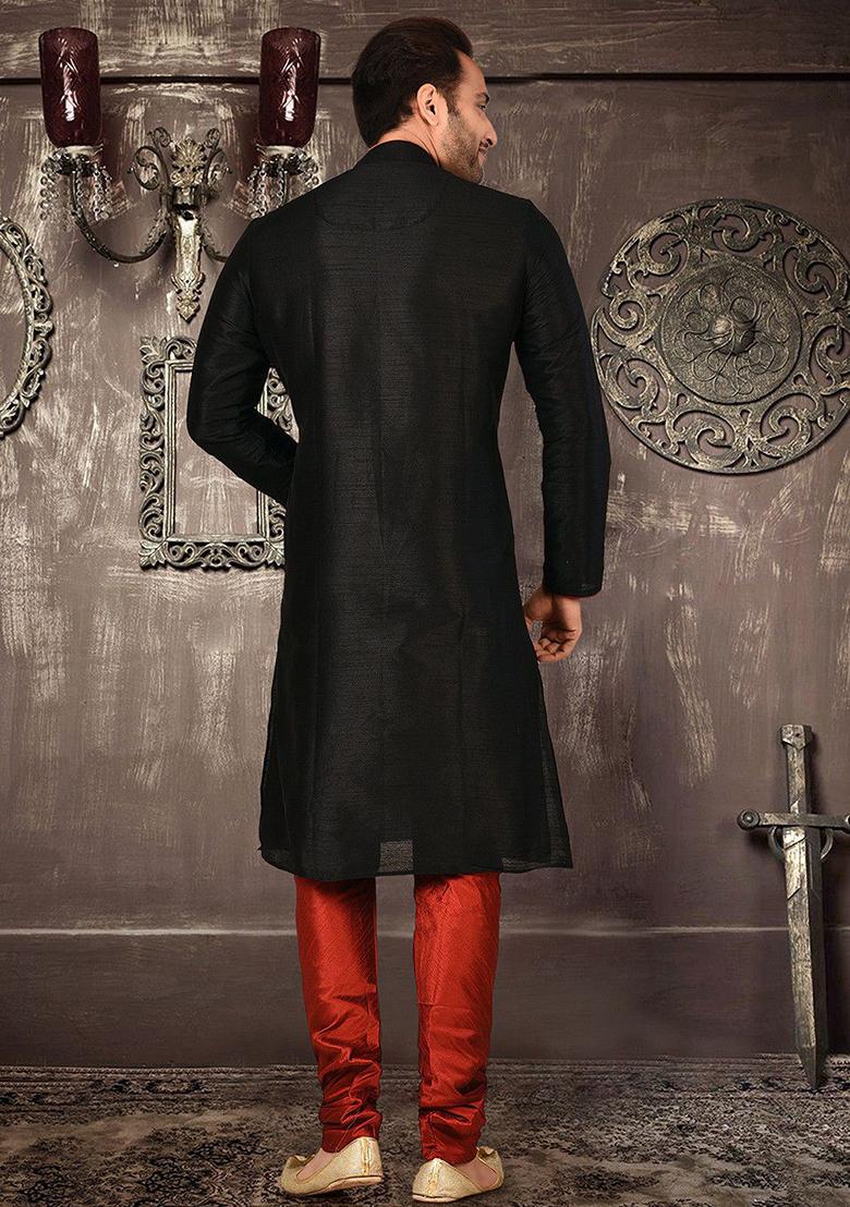 Black Solid Dupion Silk Kurta Pyjama Set For Men