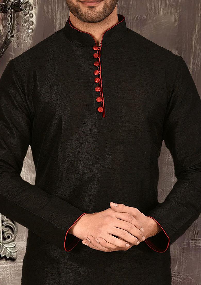 Black Solid Dupion Silk Kurta Pyjama Set For Men