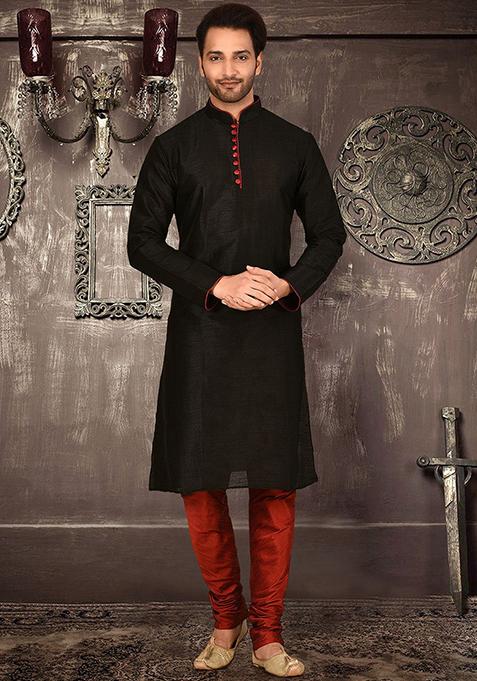Black Solid Dupion Silk Kurta Pyjama Set For Men