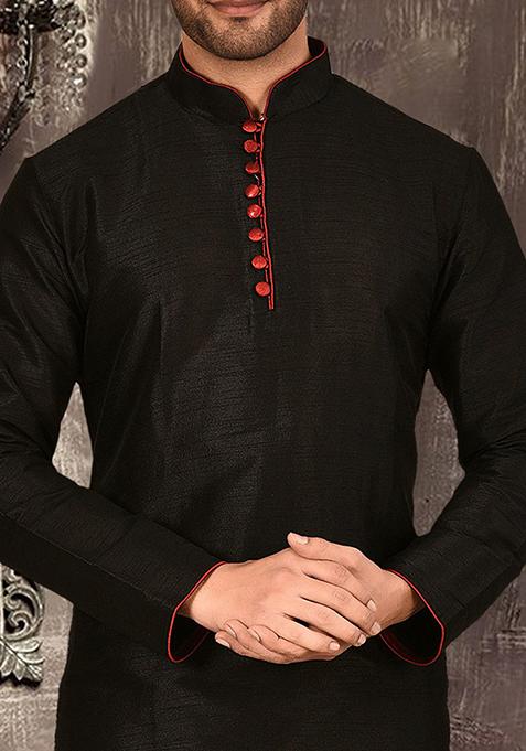 Black Solid Dupion Silk Kurta Pyjama Set For Men