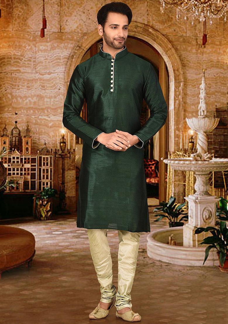 Green Solid Dupion Silk Kurta Pyjama Set For Men