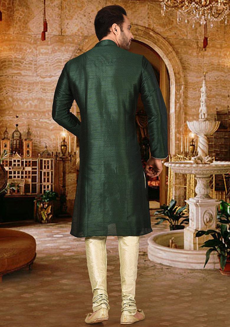 Green Solid Dupion Silk Kurta Pyjama Set For Men