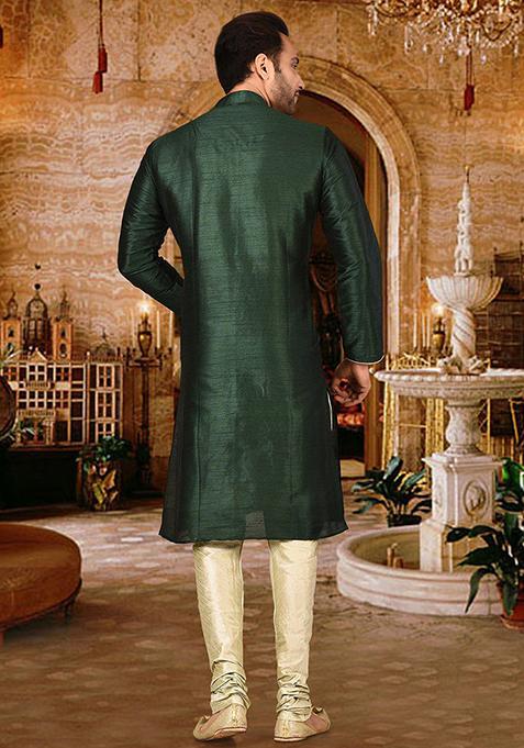 Green Solid Dupion Silk Kurta Pyjama Set For Men