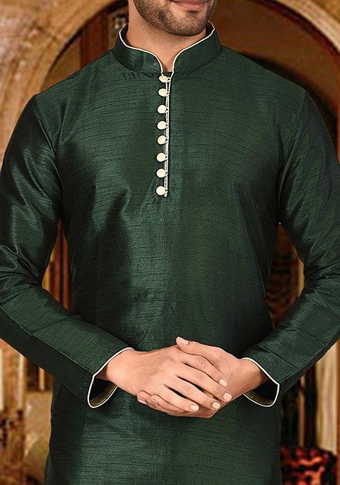Green Solid Dupion Silk Kurta Pyjama Set For Men