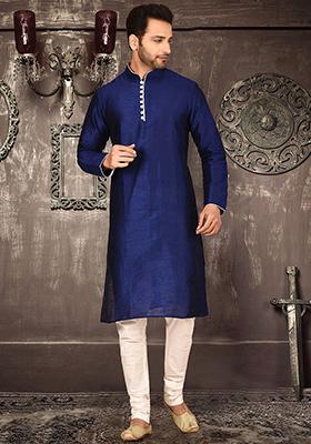 Royal Blue Solid Dupion Silk Kurta Pyjama Set For Men