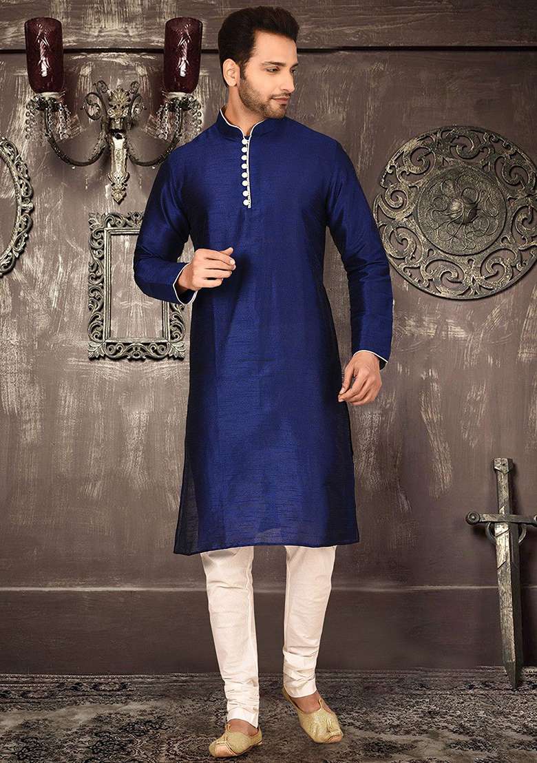 Royal Blue Solid Dupion Silk Kurta Pyjama Set For Men - Indya