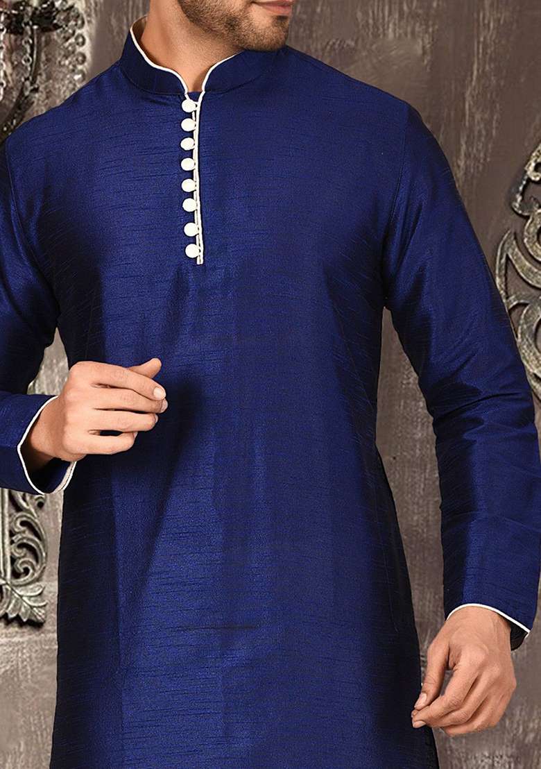 Royal Blue Solid Dupion Silk Kurta Pyjama Set For Men - Indya