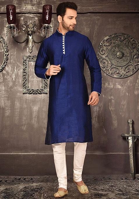 Royal Blue Solid Dupion Silk Kurta Pyjama Set For Men — view on Indya