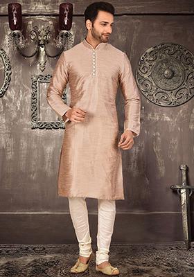 Light Brown Solid Dupion Silk Kurta Pyjama Set For Men