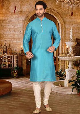 Firozi Solid Dupion Silk Kurta Pyjama Set For Men
