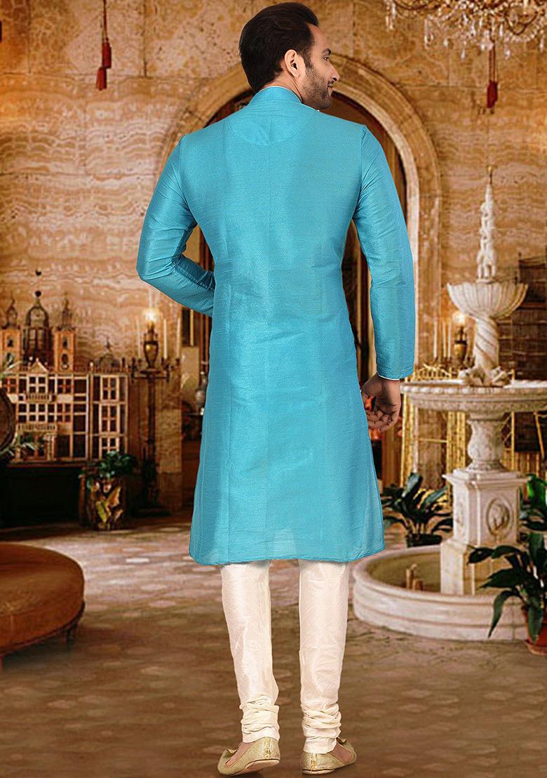 Firozi Solid Dupion Silk Kurta Pyjama Set For Men