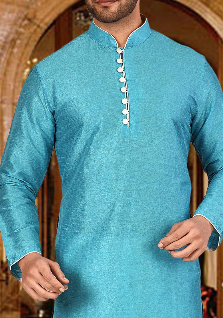 Firozi Solid Dupion Silk Kurta Pyjama Set For Men