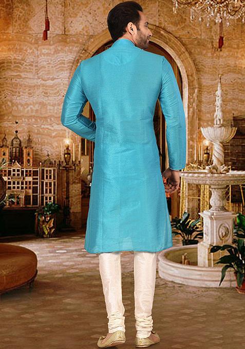 Firozi Solid Dupion Silk Kurta Pyjama Set For Men