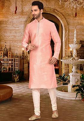 Light Pink Solid Dupion Silk Kurta Pyjama Set For Men