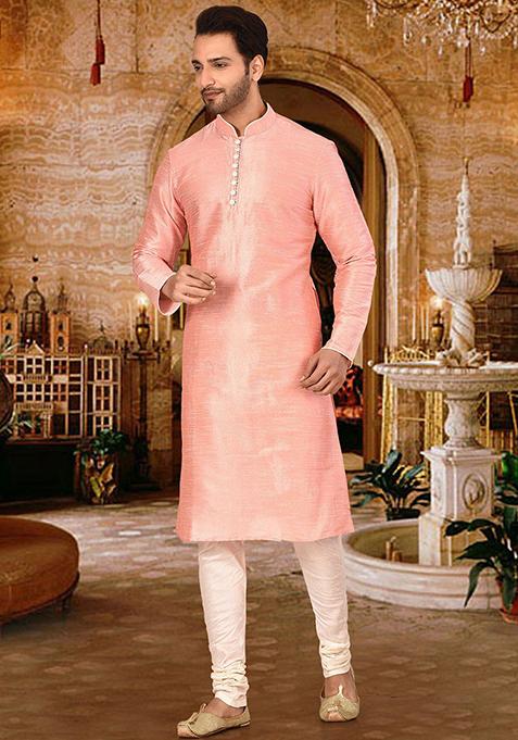Light Pink Solid Dupion Silk Kurta Pyjama Set For Men — view on Indya
