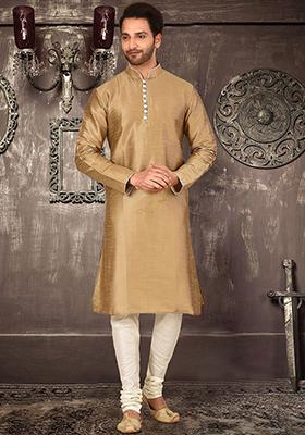 Beige Solid Dupion Silk Kurta Pyjama Set For Men