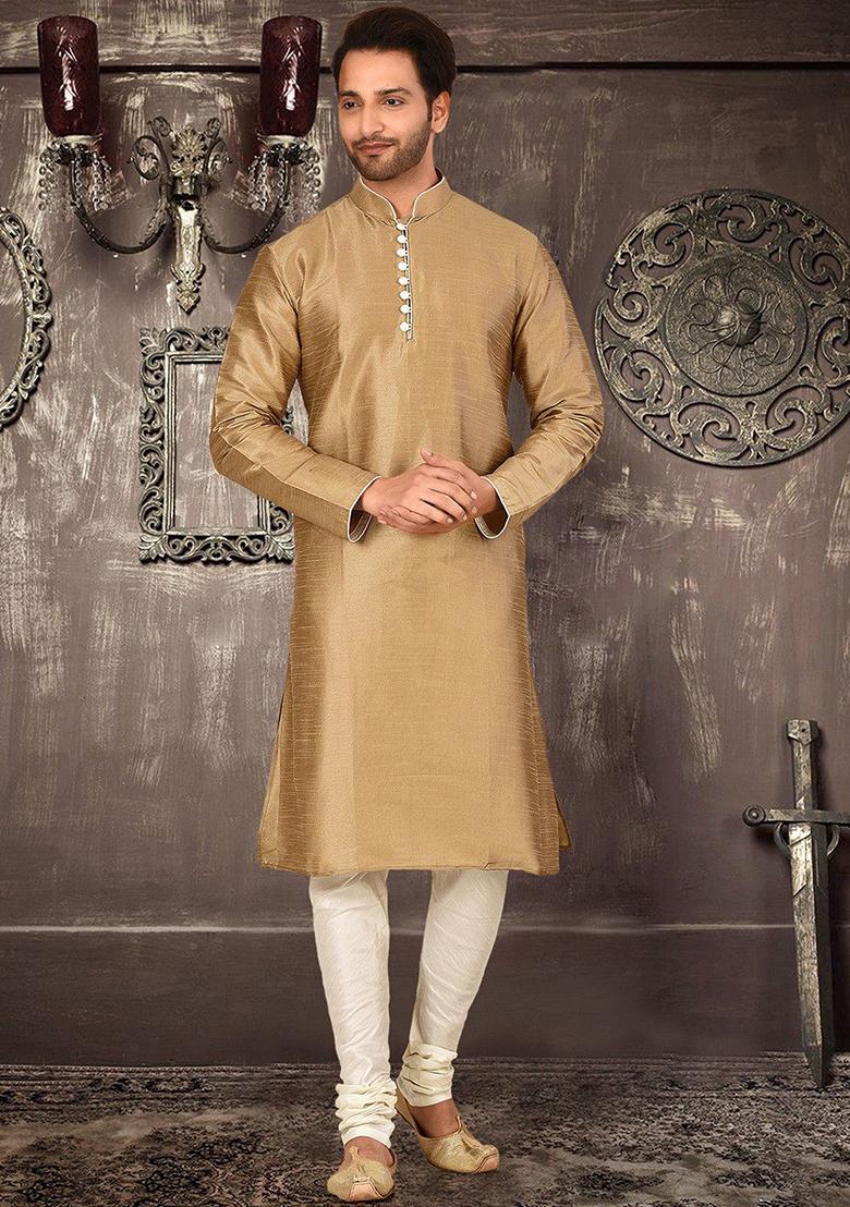 Beige Solid Dupion Silk Kurta Pyjama Set For Men