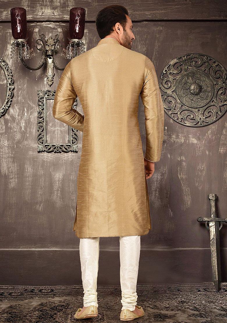 Beige Solid Dupion Silk Kurta Pyjama Set For Men