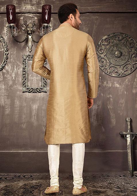 Beige Solid Dupion Silk Kurta Pyjama Set For Men