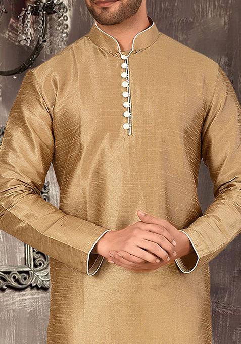 Beige Solid Dupion Silk Kurta Pyjama Set For Men