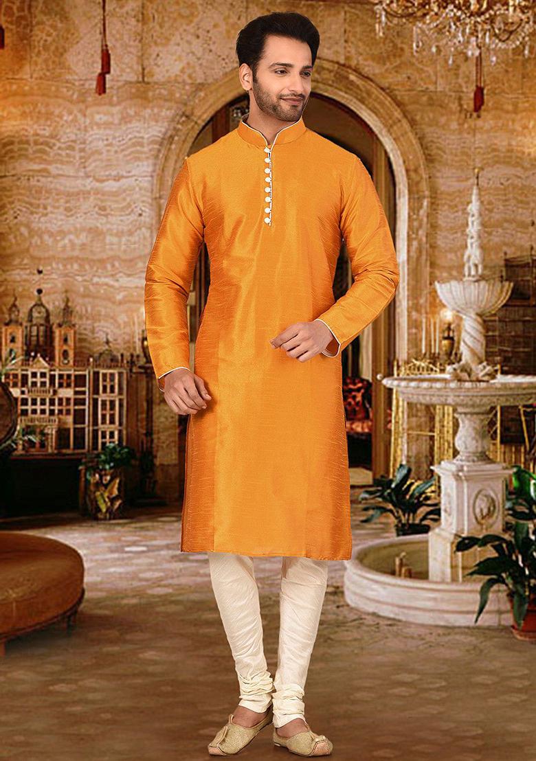 Mustard Solid Dupion Silk Kurta Pyjama Set For Men