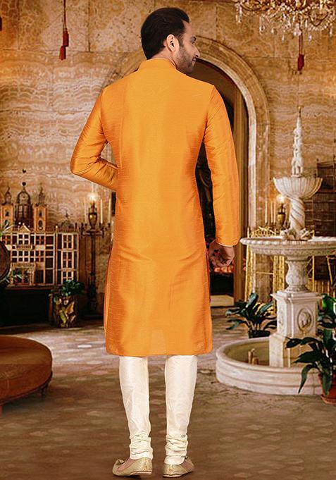 Mustard Solid Dupion Silk Kurta Pyjama Set For Men