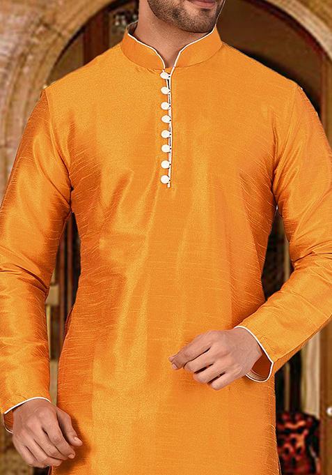 Mustard Solid Dupion Silk Kurta Pyjama Set For Men