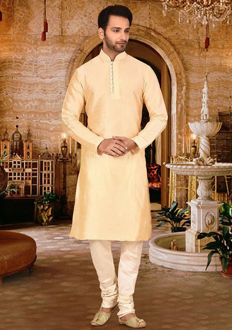 Fawn Solid Dupion Silk Kurta Pyjama Set For Men