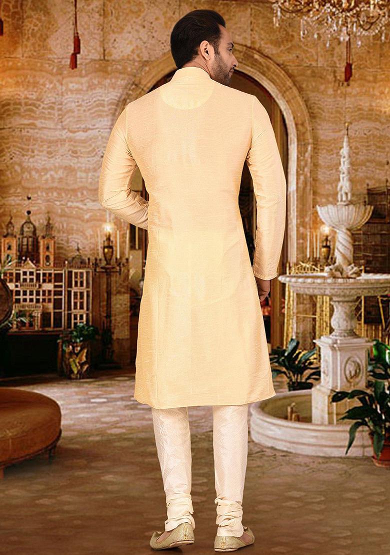 Fawn Solid Dupion Silk Kurta Pyjama Set For Men