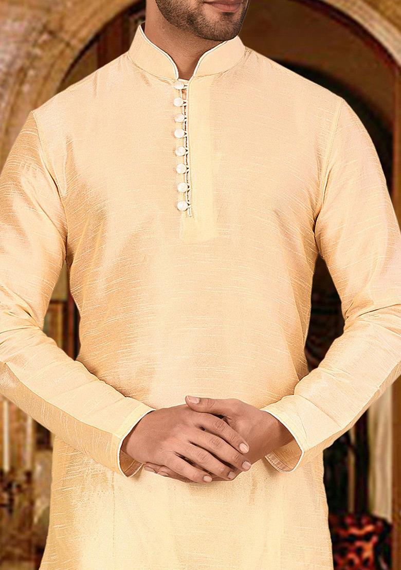 Fawn Solid Dupion Silk Kurta Pyjama Set For Men
