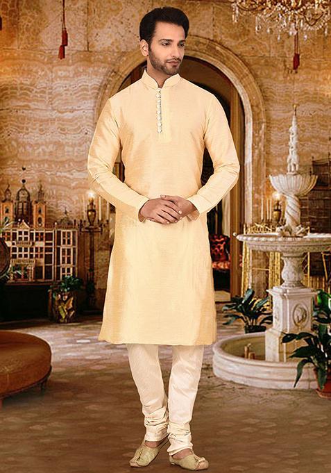Fawn Solid Dupion Silk Kurta Pyjama Set For Men