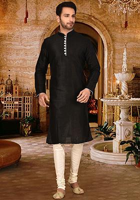 Black Solid Dupion Silk Kurta Pyjama Set For Men