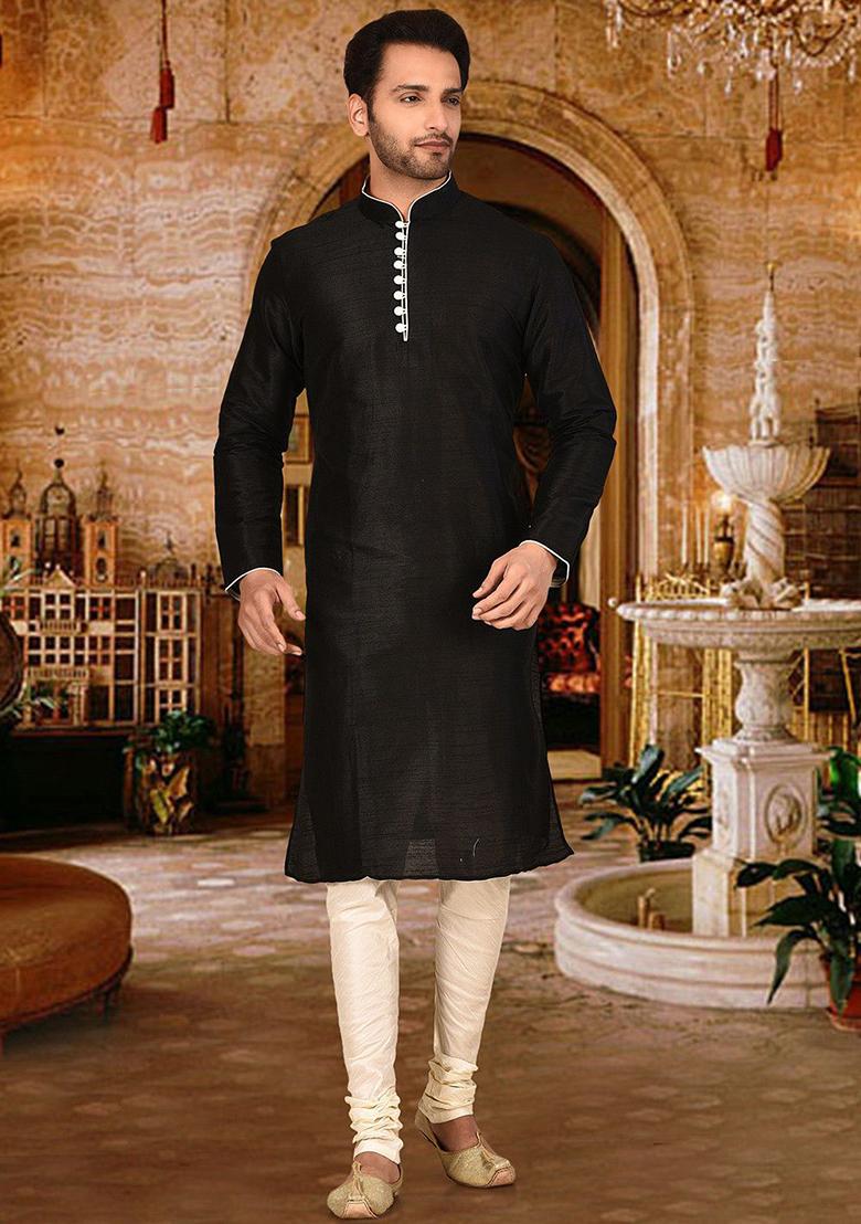 Black Solid Dupion Silk Kurta Pyjama Set For Men