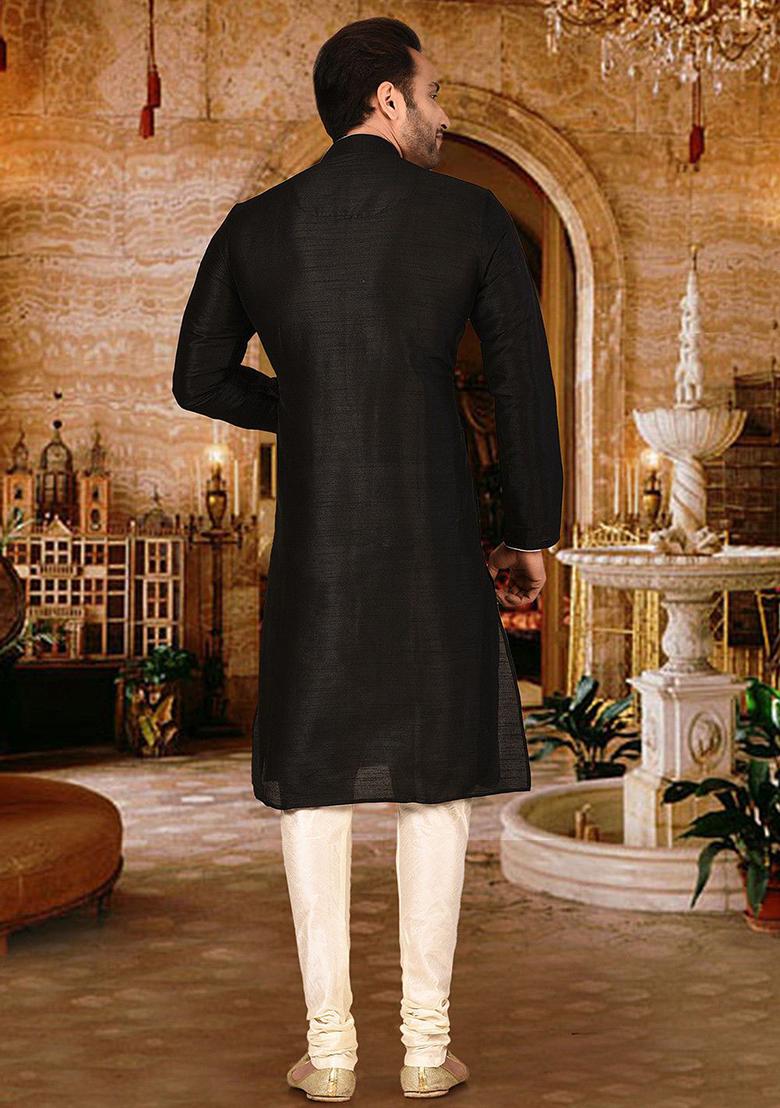 Black Solid Dupion Silk Kurta Pyjama Set For Men