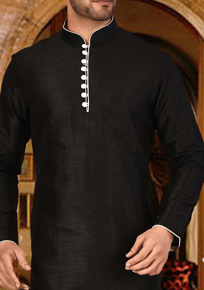 Black Solid Dupion Silk Kurta Pyjama Set For Men