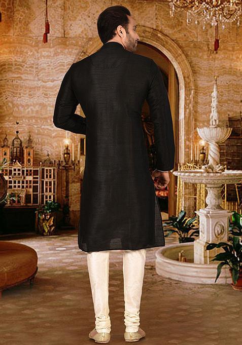 Black Solid Dupion Silk Kurta Pyjama Set For Men